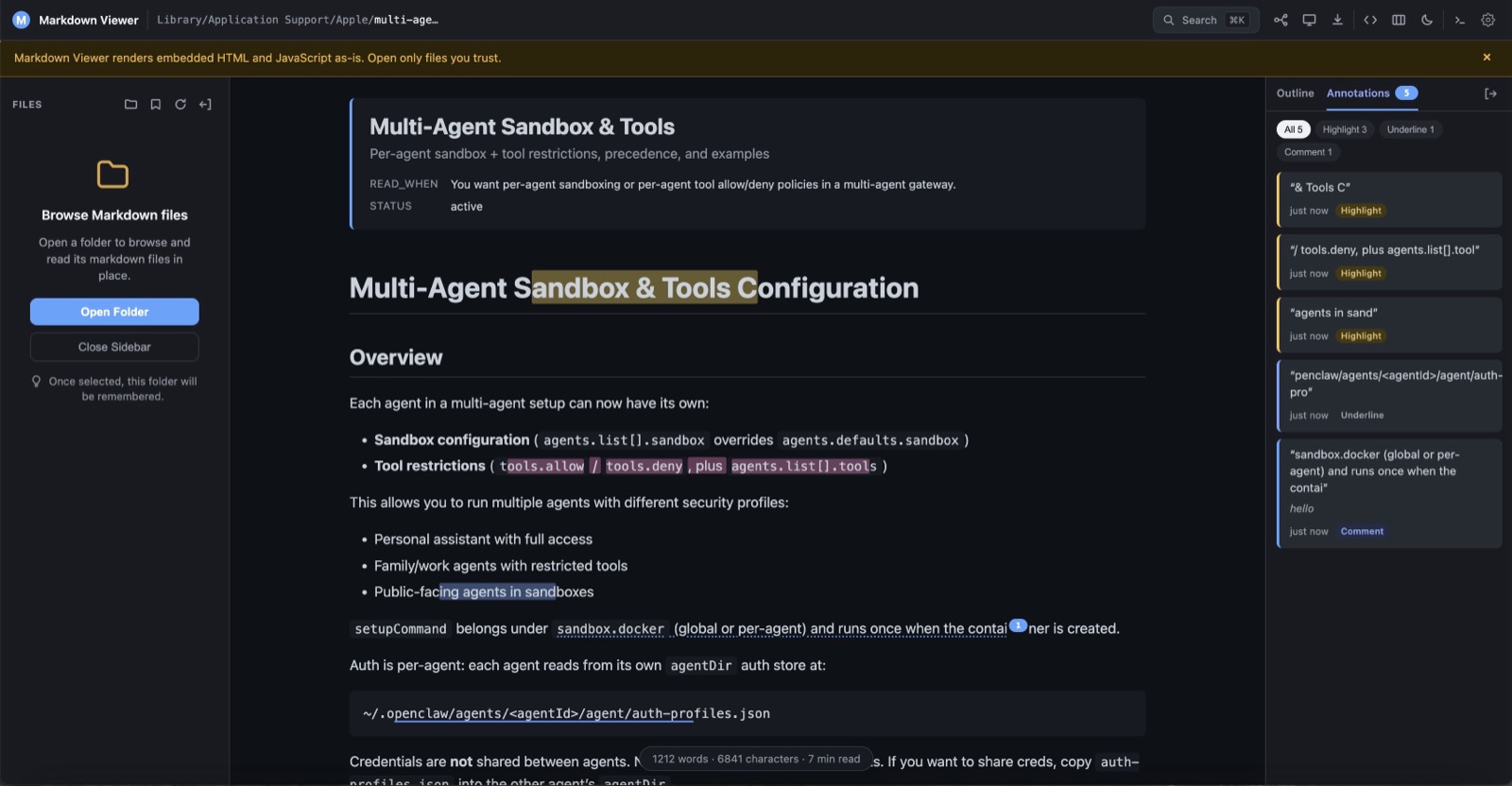 The same annotated document in dark mode