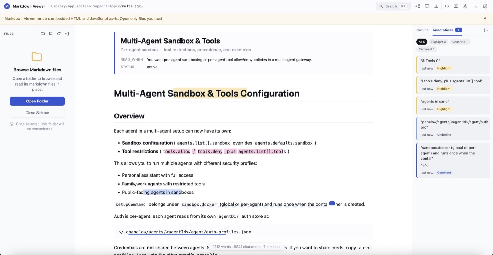 A document with three highlight colors, an underline and a comment, all listed with filters in the Annotations panel