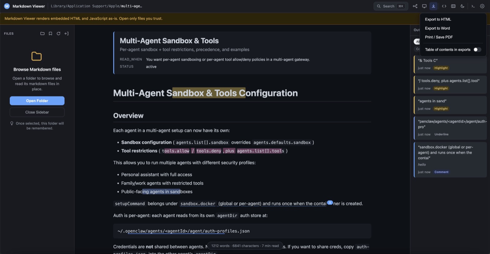 The same Export menu in dark mode