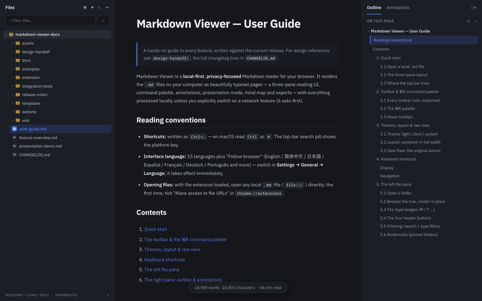 Folder browser sidebar in dark mode