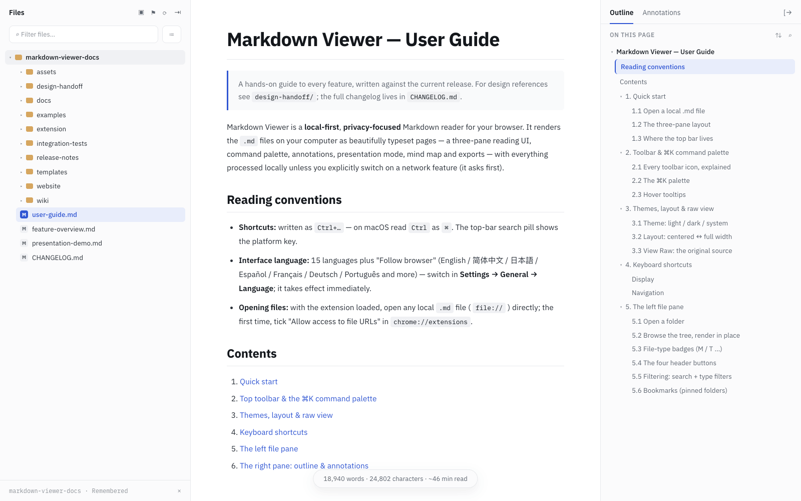 Folder browser sidebar: pick a folder once, then open every Markdown file in it without leaving the tab