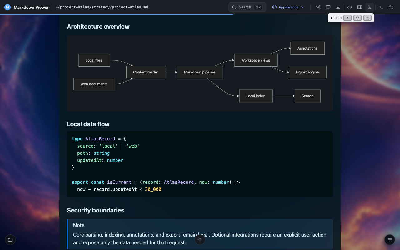 Project Atlas with a dark document theme and space background skin
